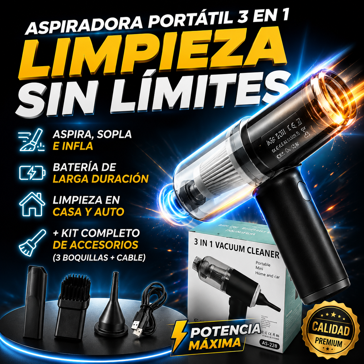 ASPIRADORA PORTÁTIL 3-en-1: Limpieza profunda sin cables ni límites.
